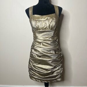 Cache’ Women’s Distressed Gold Metallic Ruched Bodycon Party Dress‎ Sz 10 NWT